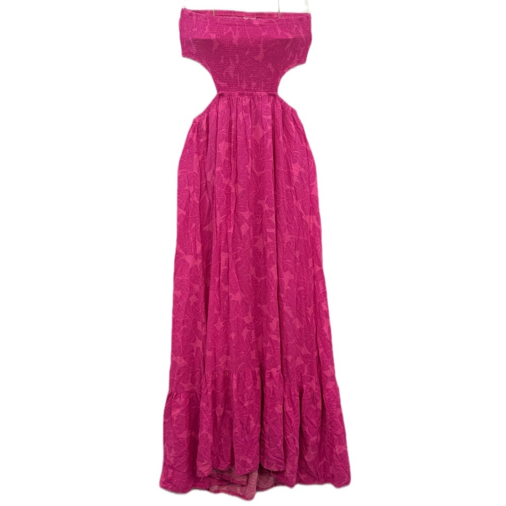Hurley Womens Pink Floral Jacquard Smocked Cut Out Strapless Maxi Dress XS